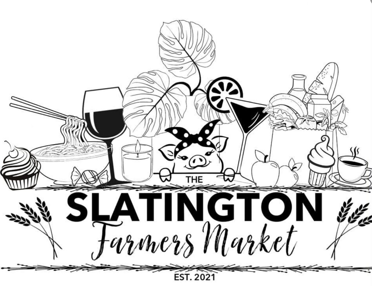 A black and white image of the slatington farmers market.